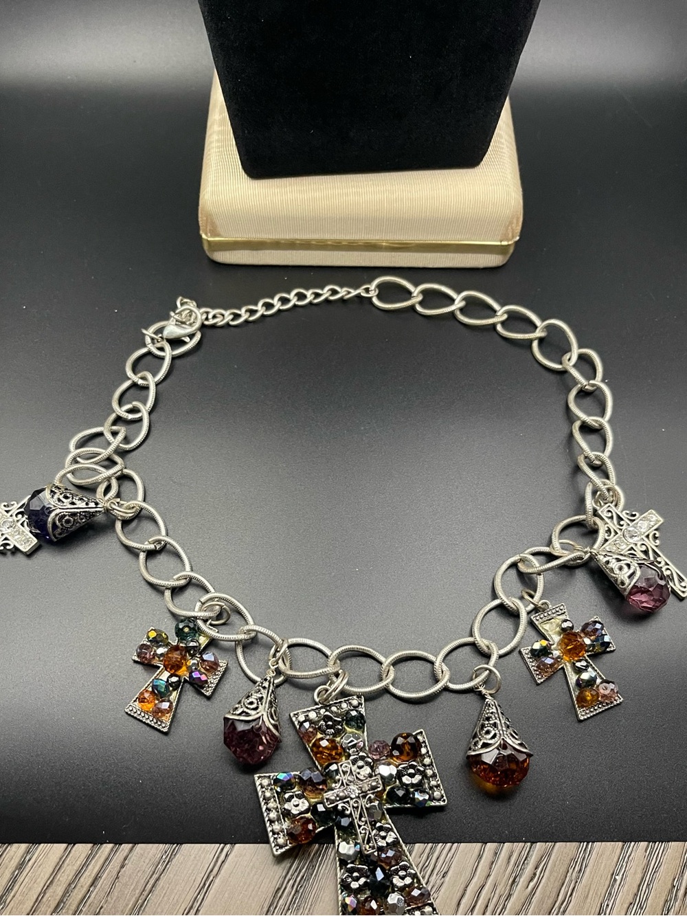 Vintage Premier Designs Style Cross Ststement Necklace Silver multi-crystal bead - Picture 5 of 12